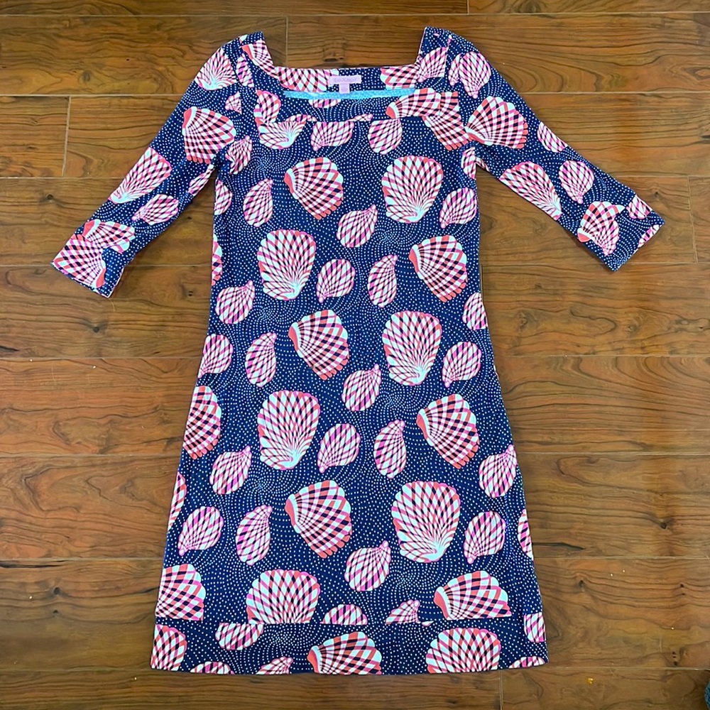 COPY - Lilly Pulitzer Blue and Pink Seashell Square Neckline 3 Quarter Midi Dre…